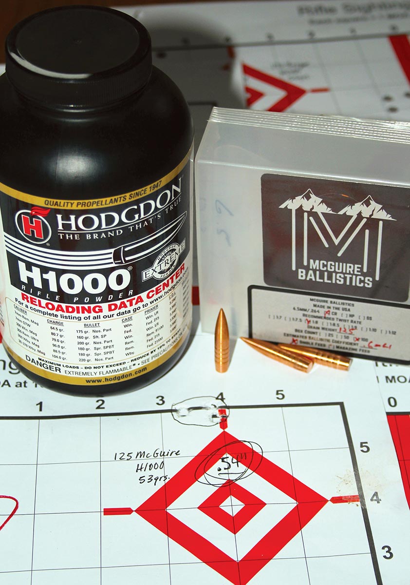 McGuire Ballistics’ 125-grain Copper Rose  provided the best overall group average, the best assembled using 53 grains of Hodgdon 1000 sent from the muzzle at 2,975 fps and with a very low extreme velocity spread. That group measured .54-inch center to center.